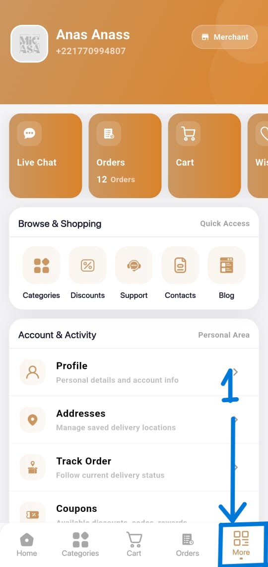 Open the More section in the MICASA mobile application