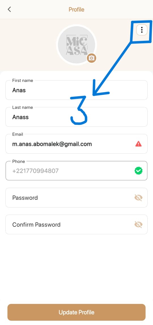 Open the account options from the MICASA Profile page